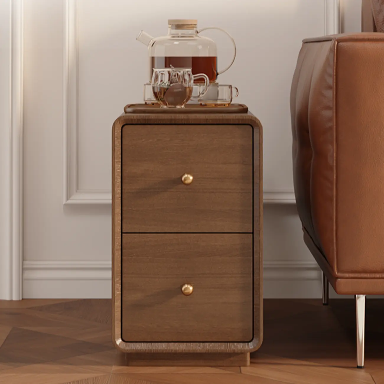 Narrow Rectangle Walnut Wood Side Table with Drawers Image - 3 | homeyfad