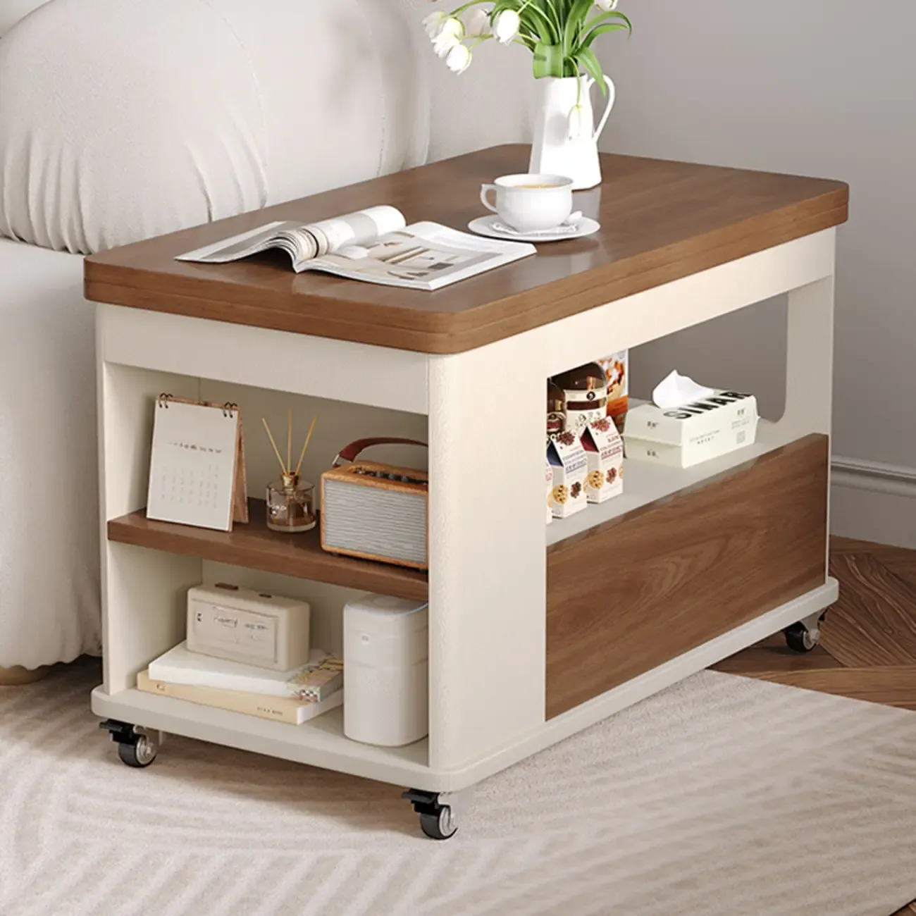 Versatile Elegant Modern Wooden Side Table with Wheels Image - 5