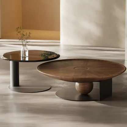 Brown Round Wood Nesting Coffee Table Steel Abstract Base Image - 1