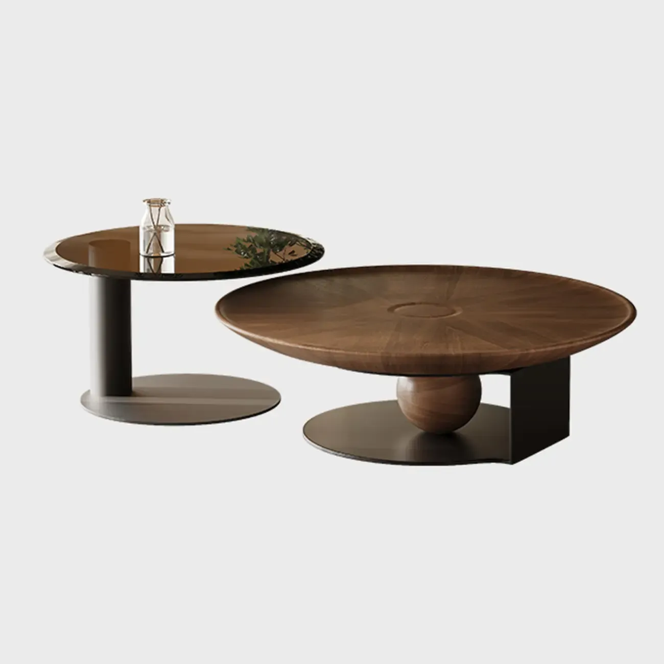 Brown Round Wood Nesting Coffee Table Steel Abstract Base Image - 2