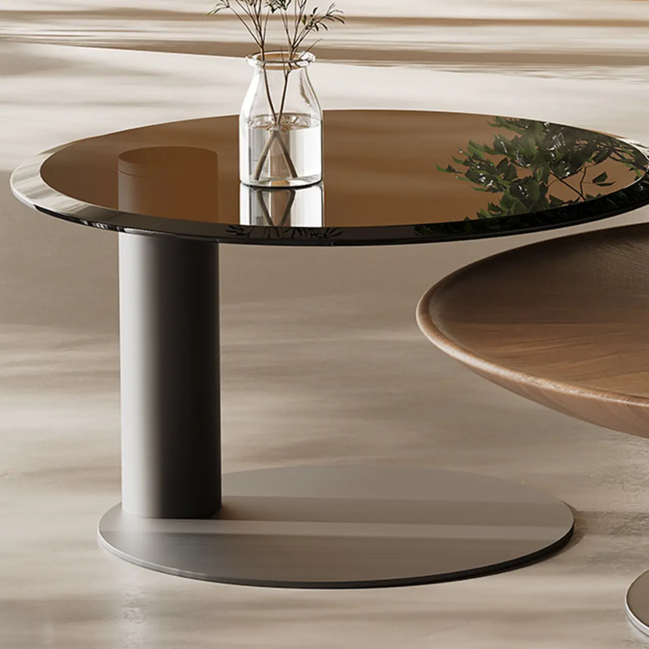 Brown Round Wood Nesting Coffee Table Steel Abstract Base Image - 4 | homeyfad