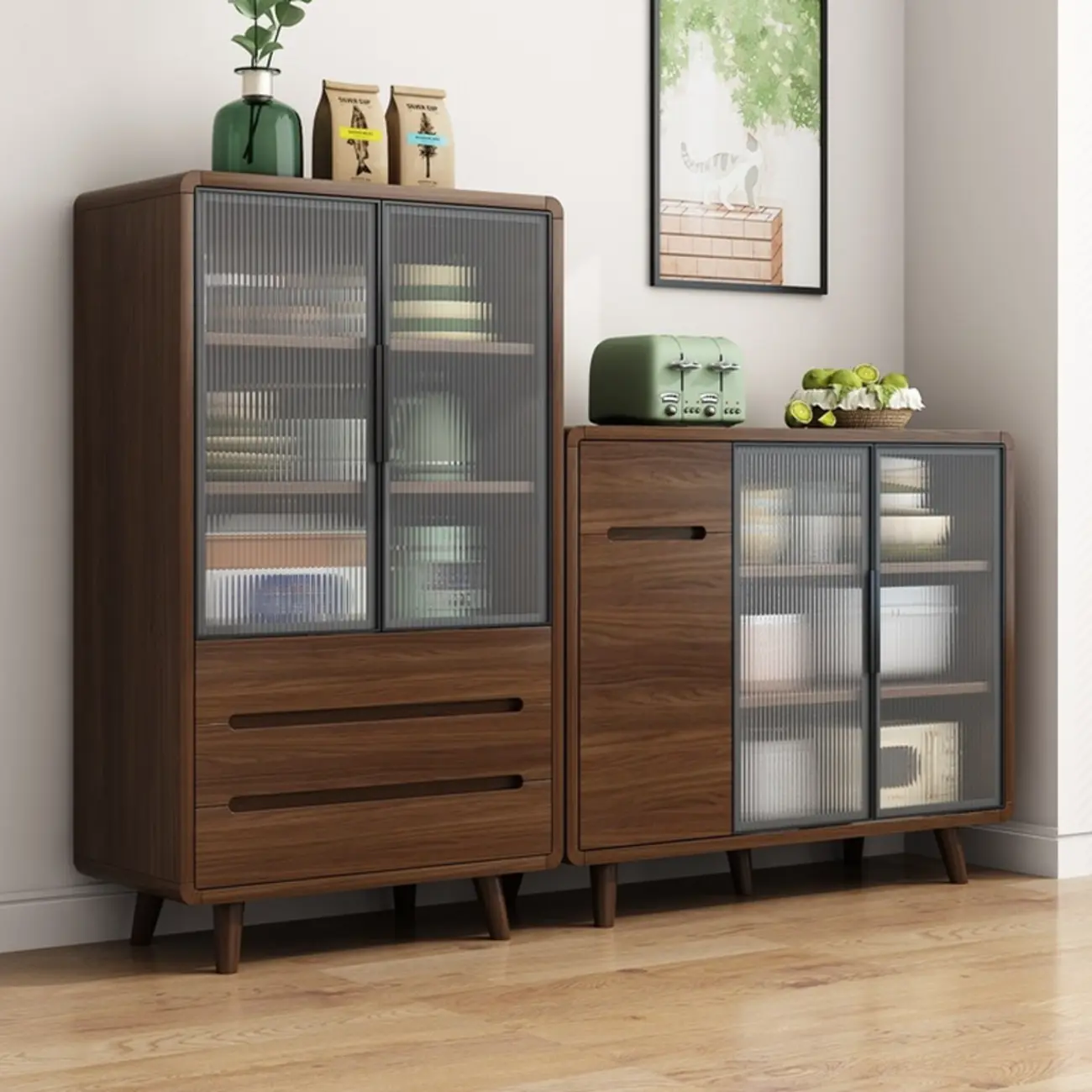 Modern Wood Narrow Sideboard Glass Door Storage Image - 1 | homeyfad