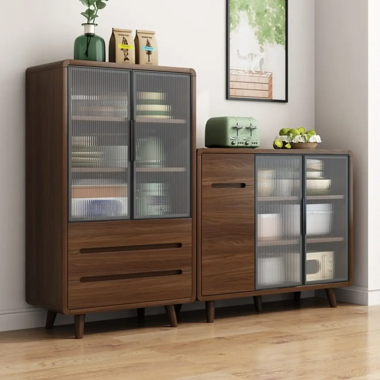 Modern Wood Narrow Sideboard Glass Door Storage Image - 1