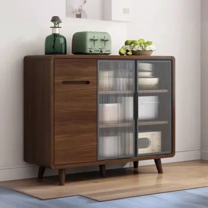 Modern Wood Narrow Sideboard Glass Door Storage Image - 2