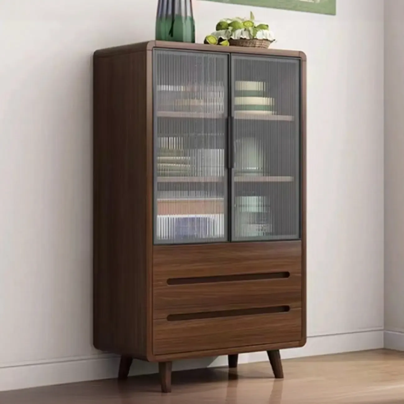 Modern Wood Narrow Sideboard Glass Door Storage Image - 3