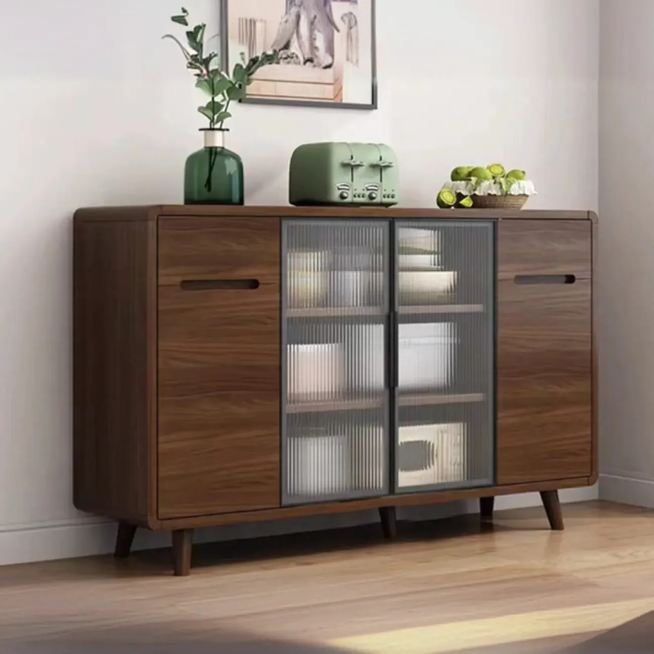 Modern Wood Narrow Sideboard Glass Door Storage Image - 5