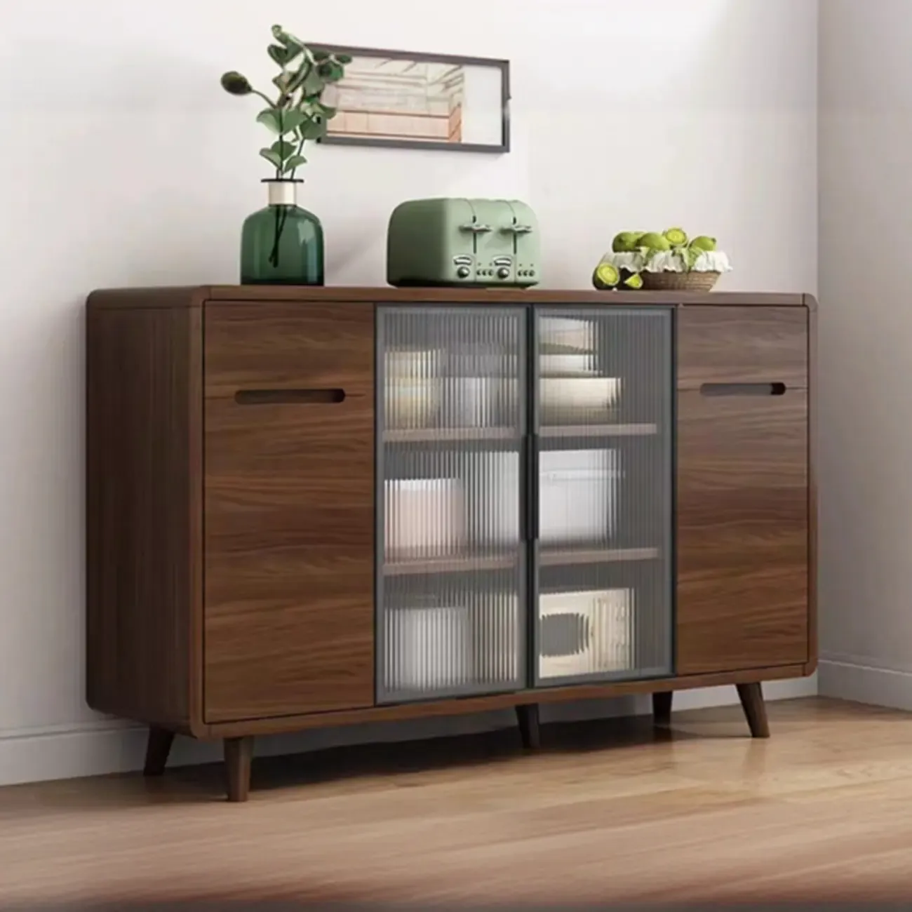 Modern Wood Narrow Sideboard Glass Door Storage Image - 7