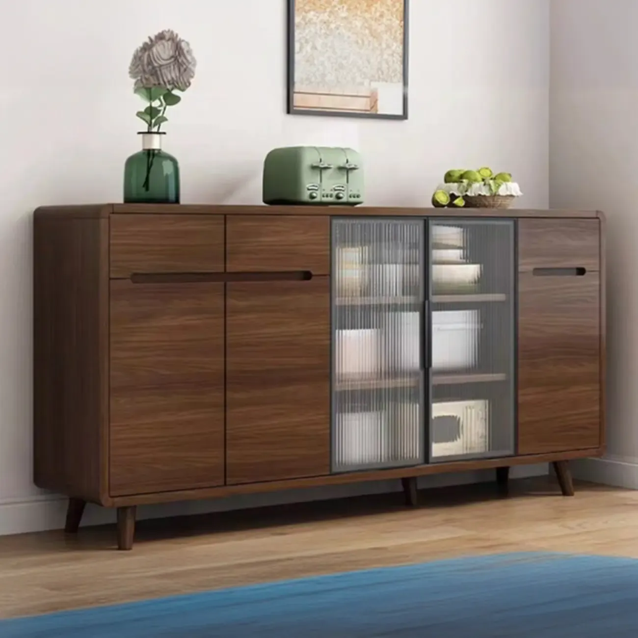 Modern Wood Narrow Sideboard Glass Door Storage Image - 9