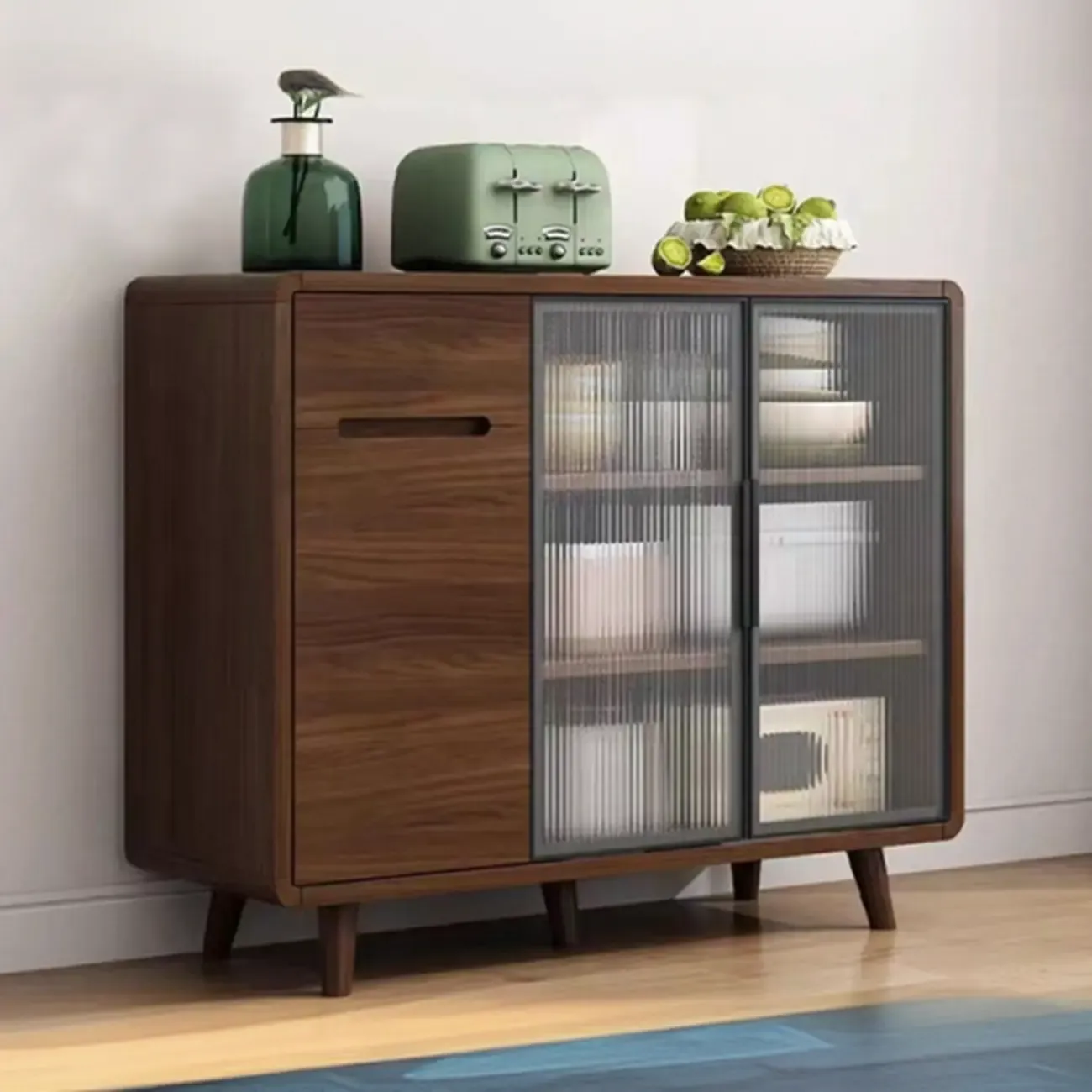Modern Wood Narrow Sideboard Glass Door Storage Image - 13