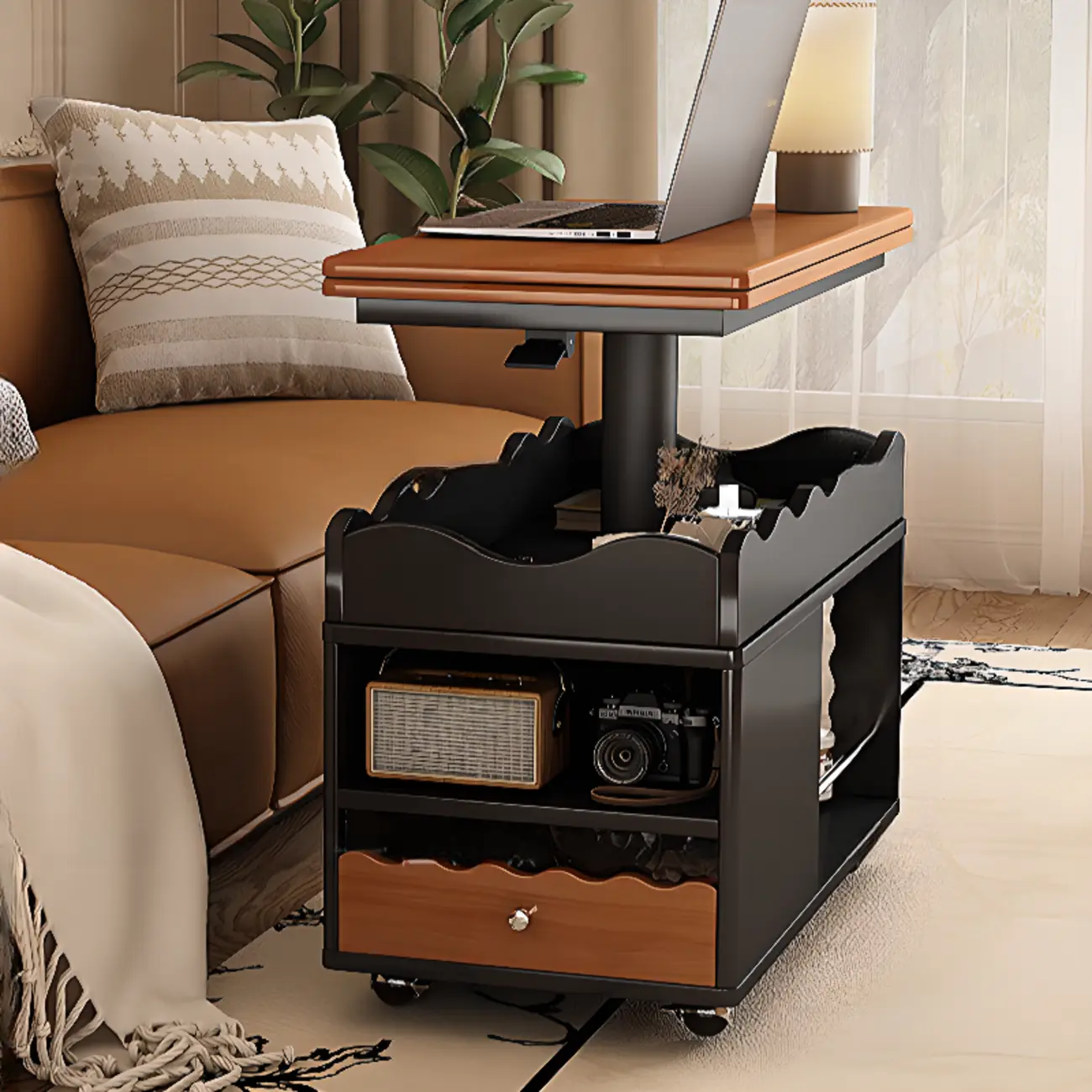 Foldable Tabletop Adjustable Wood Rolling Storage Cart Image - 1 | homeyfad