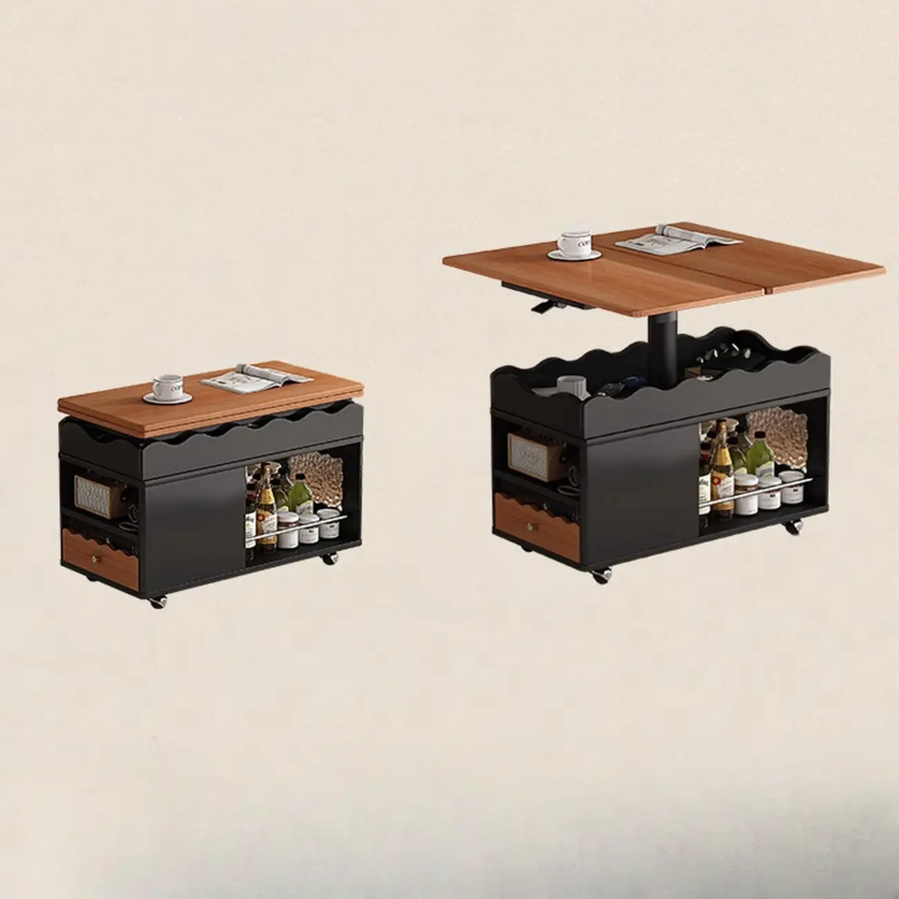 Foldable Tabletop Adjustable Wood Rolling Storage Cart Image - 4 | homeyfad