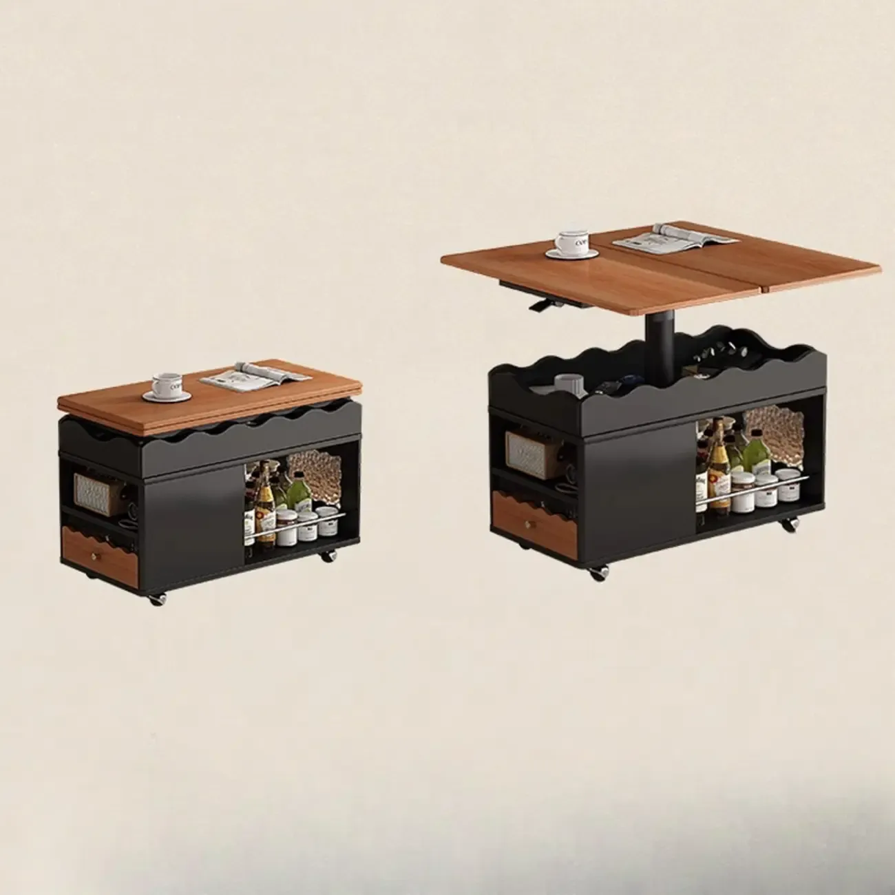 Foldable Tabletop Adjustable Wood Rolling Storage Cart Image - 4