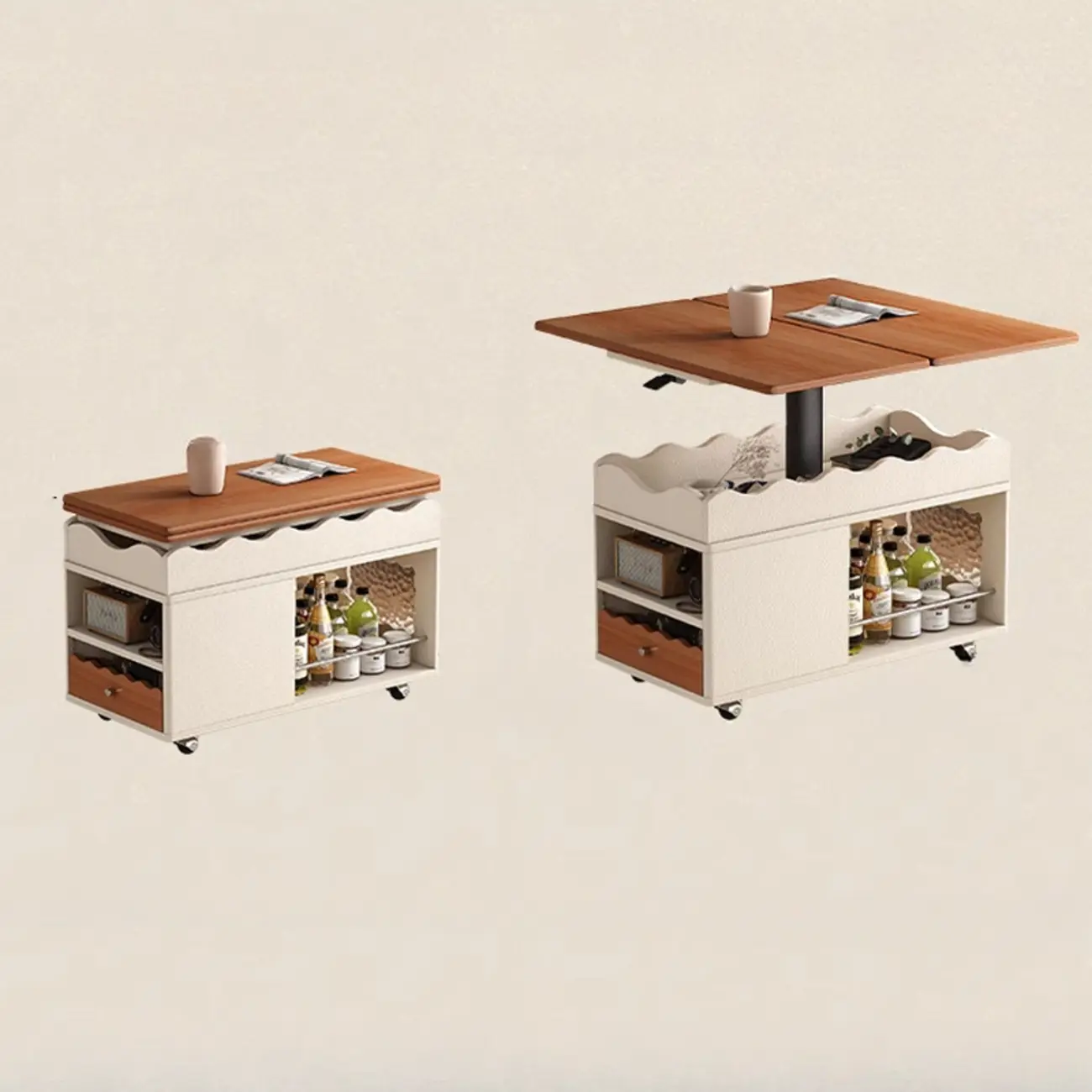 Foldable Tabletop Adjustable Wood Rolling Storage Cart Image - 5 | homeyfad