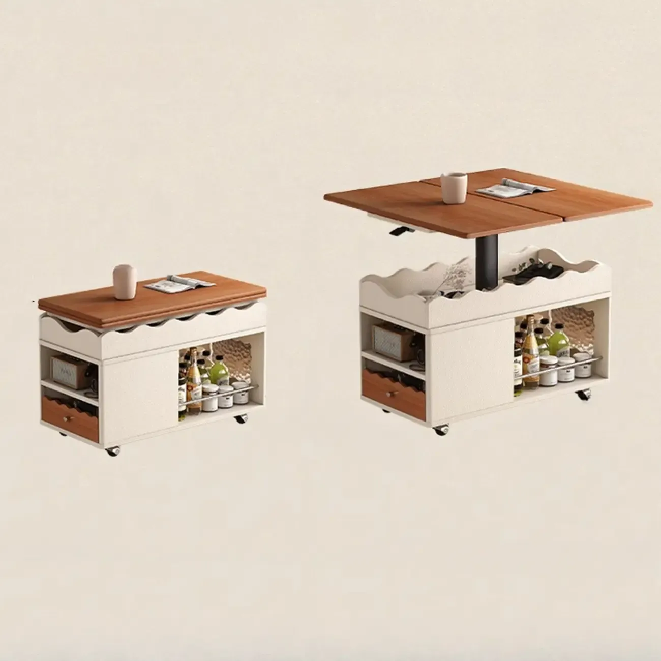 Foldable Tabletop Adjustable Wood Rolling Storage Cart Image - 5