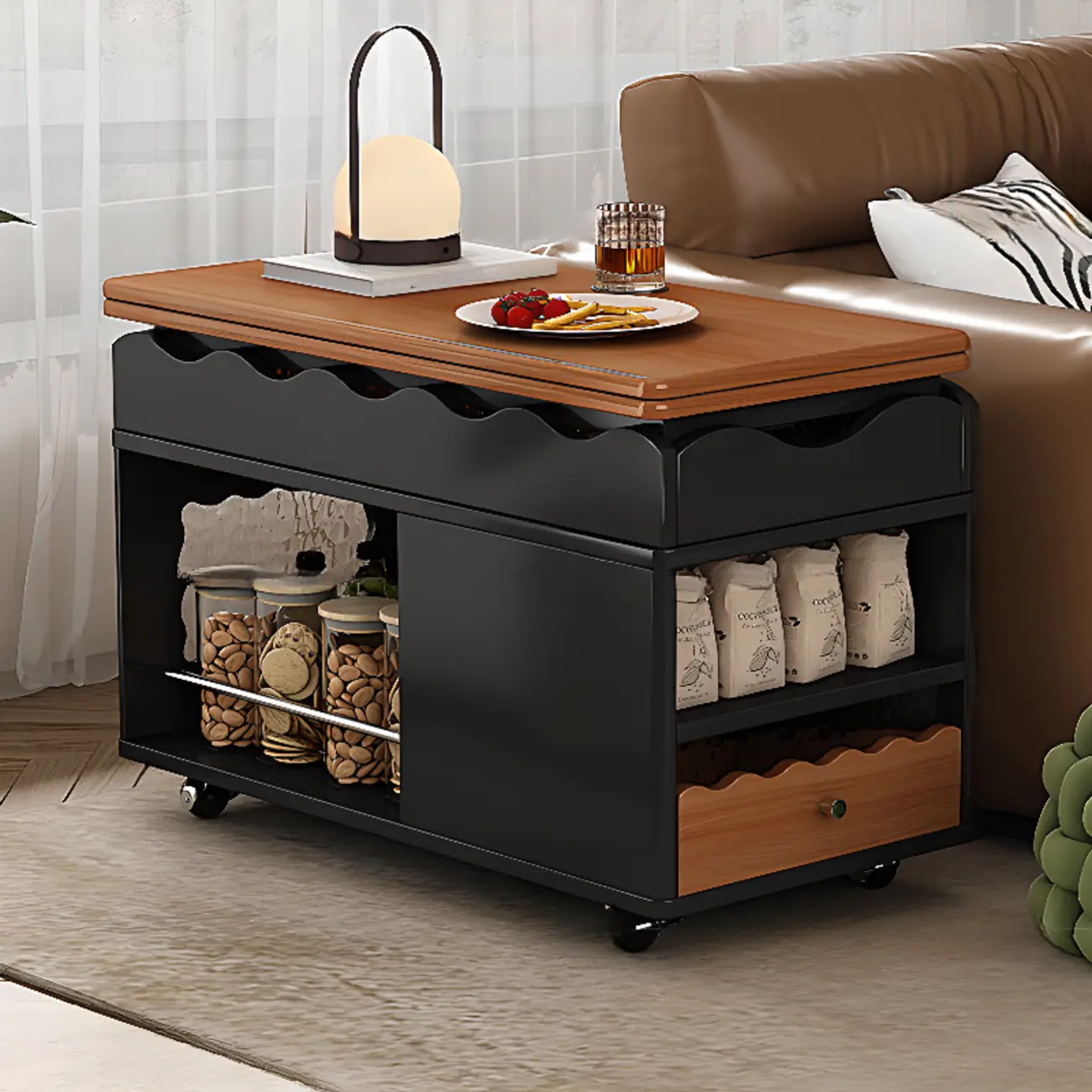 Foldable Tabletop Adjustable Wood Rolling Storage Cart Image - 3 | homeyfad