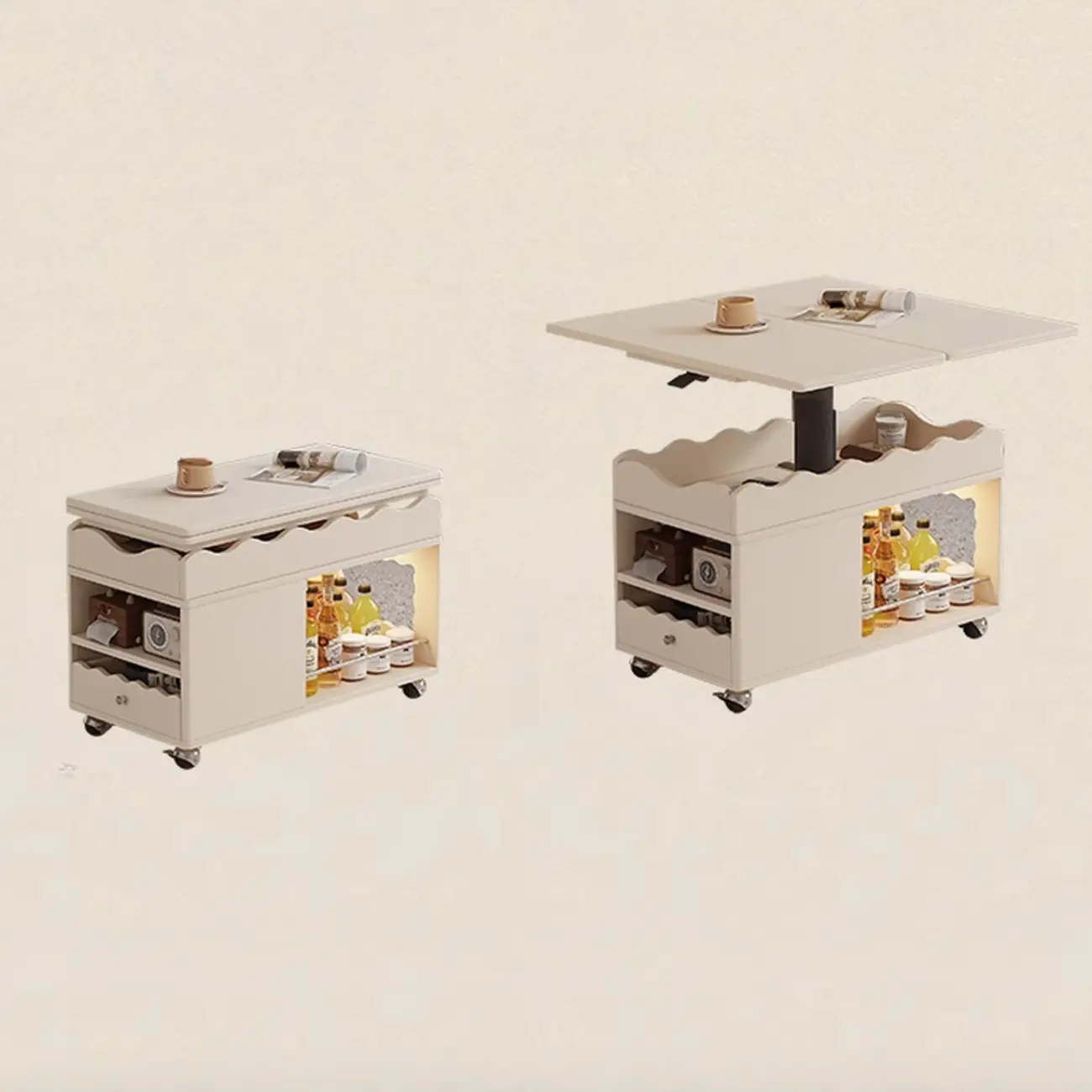 Foldable Tabletop Adjustable Wood Rolling Storage Cart Image - 6 | homeyfad