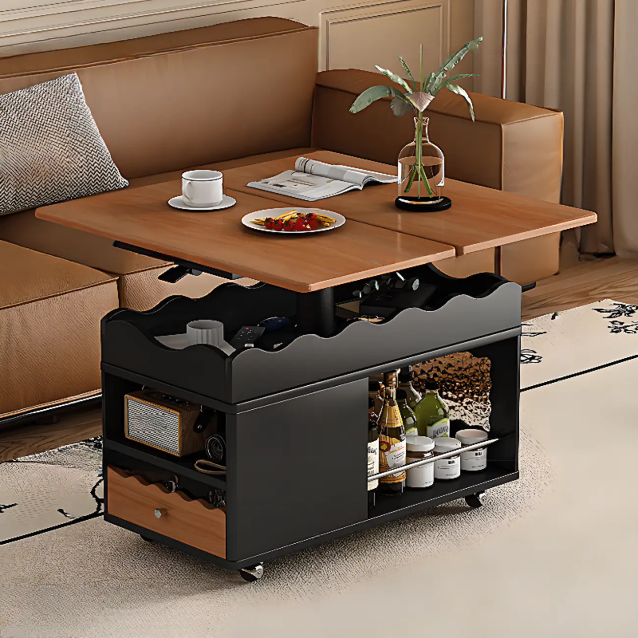 Foldable Tabletop Adjustable Wood Rolling Storage Cart Image - 2 | homeyfad