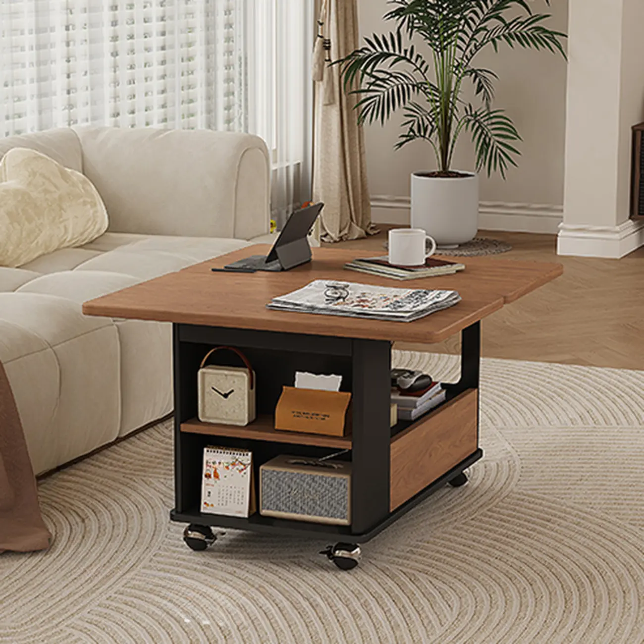 Foldable Tabletop Adjustable Wood Rolling Storage Cart Image - 7 | homeyfad