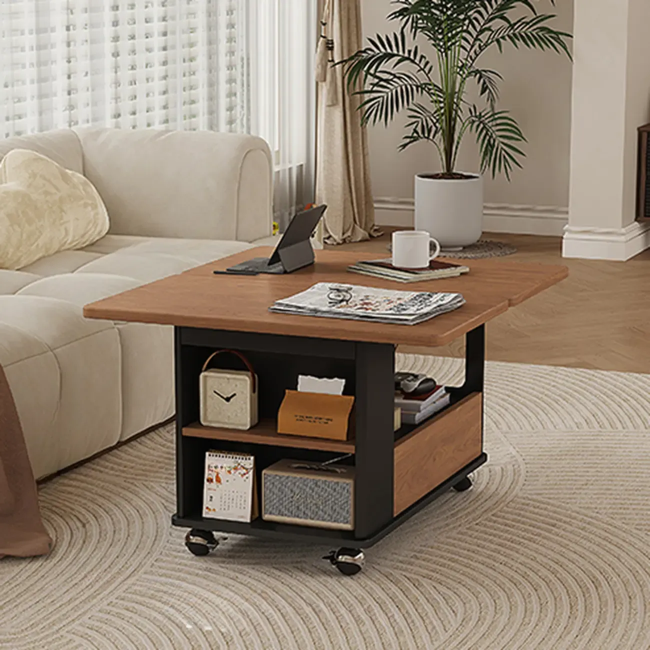 Foldable Tabletop Adjustable Wood Rolling Storage Cart Image - 7