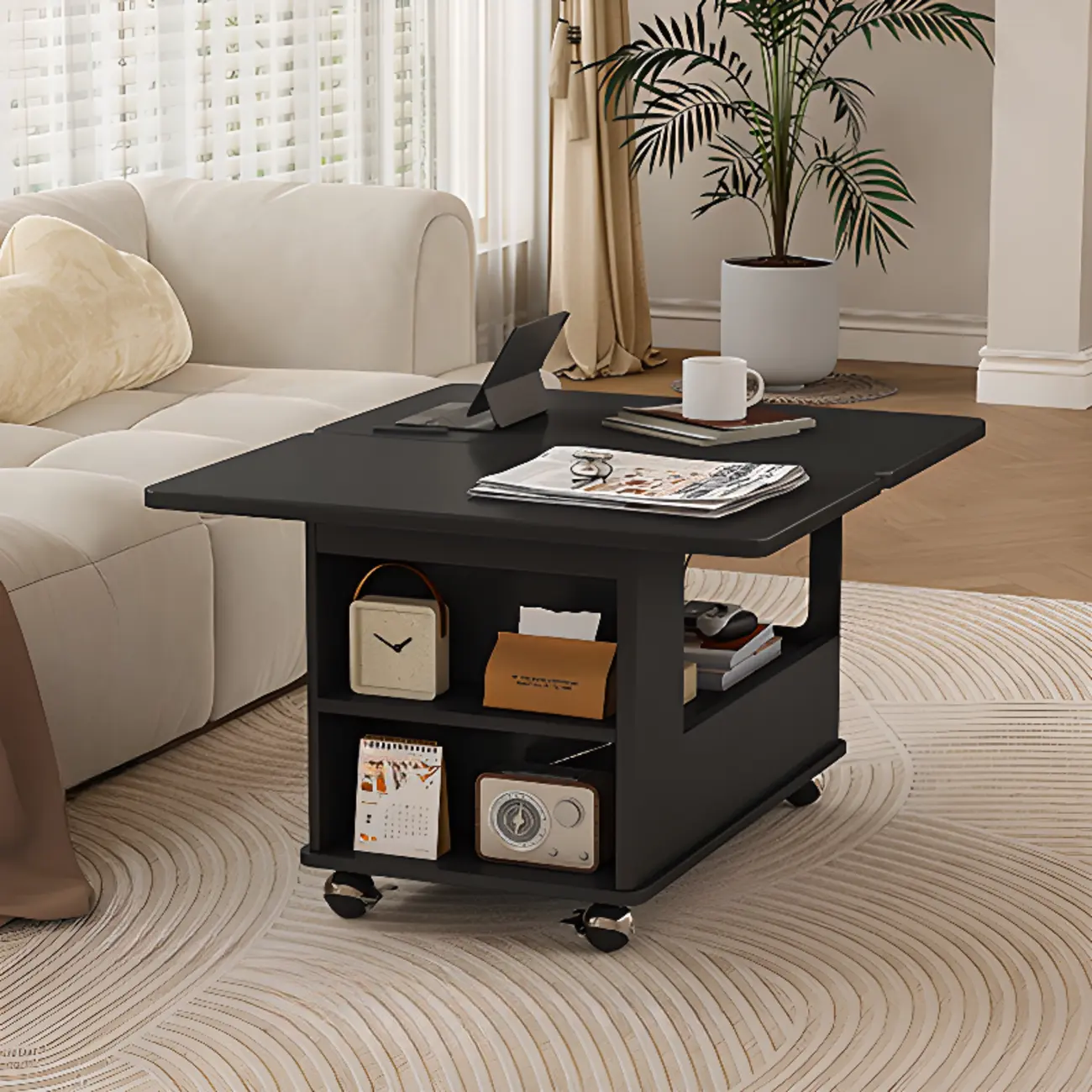 Foldable Tabletop Adjustable Wood Rolling Storage Cart Image - 11 | homeyfad