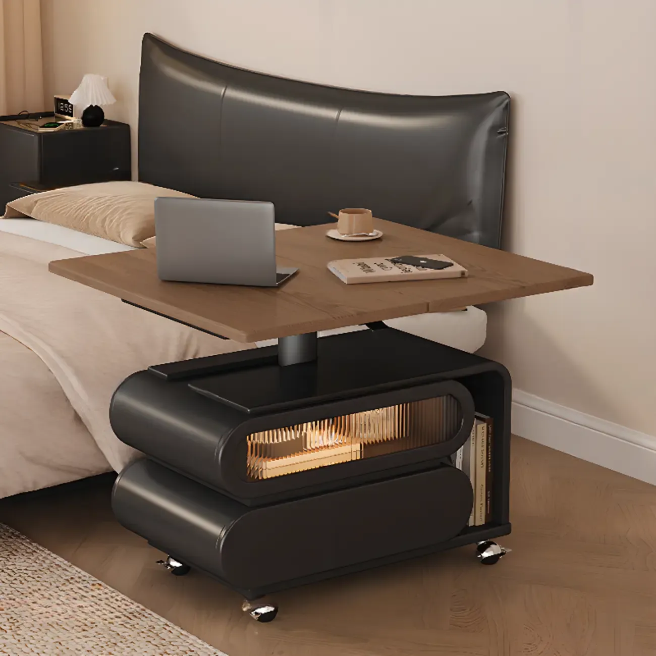 Adjustable Tabletop Modern Wood Side Table with Wheels Image - 3
