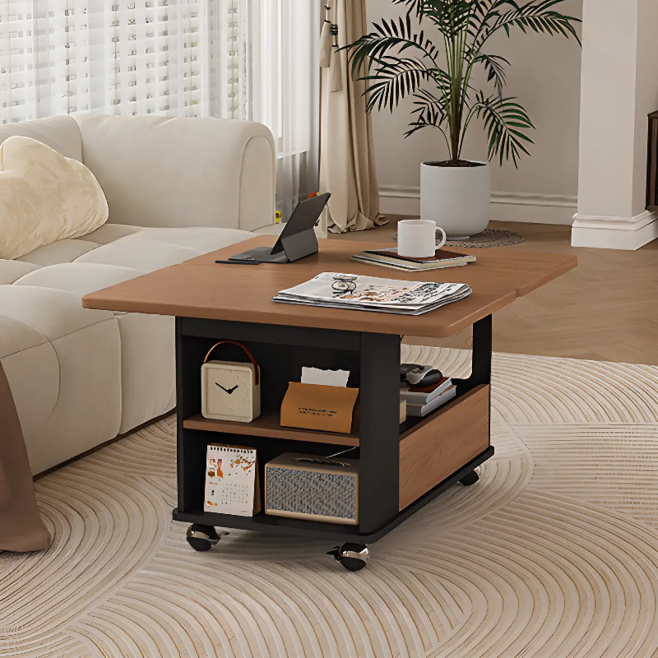 Adjustable Tabletop Modern Wood Side Table with Wheels Image - 2 | homeyfad