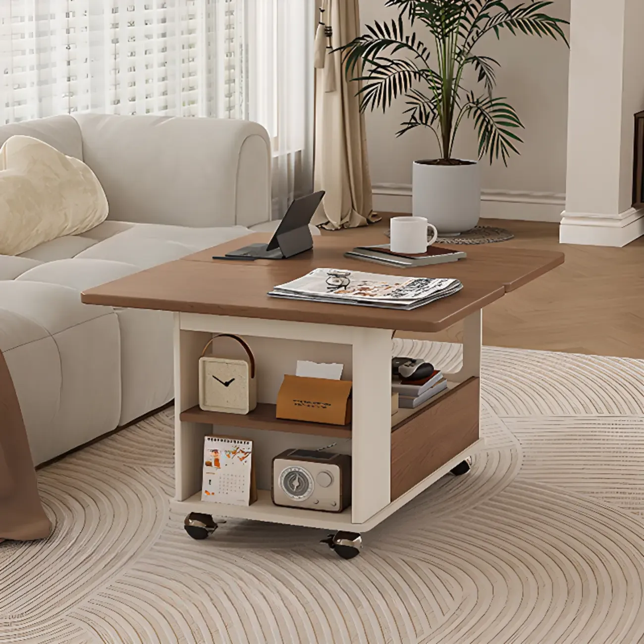 Adjustable Tabletop Modern Wood Side Table with Wheels Image - 15