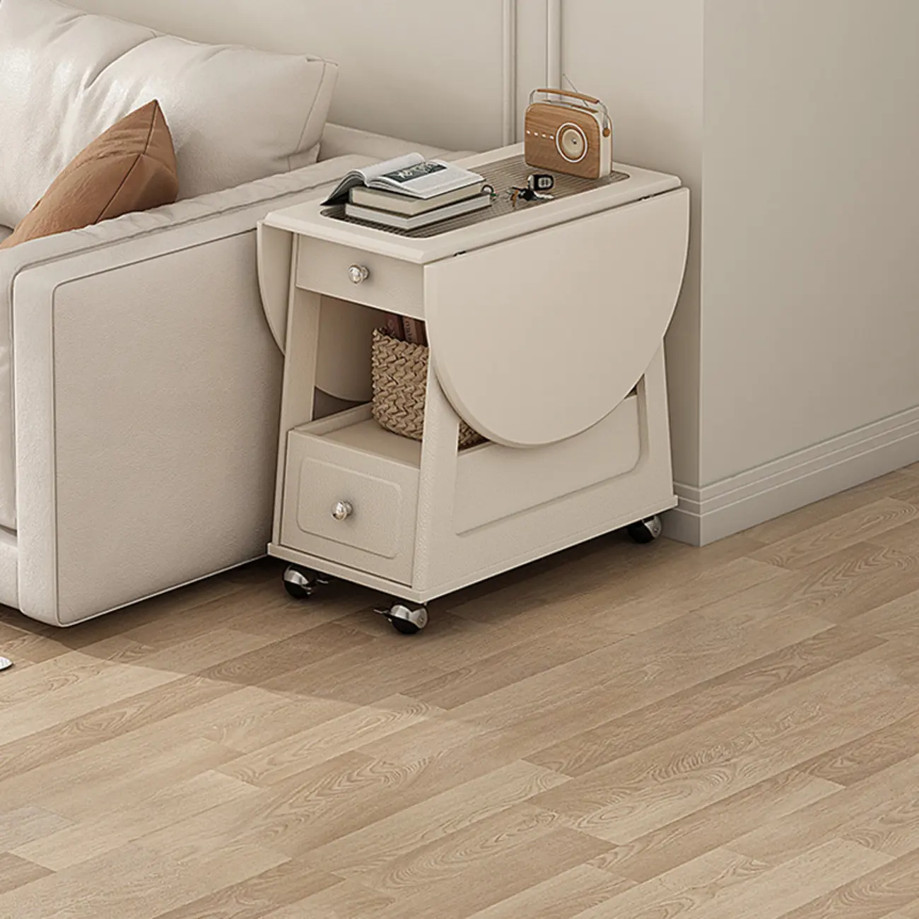 Foldable Wood White Modern Wheeled Small Side Table Image - 1 | homeyfad