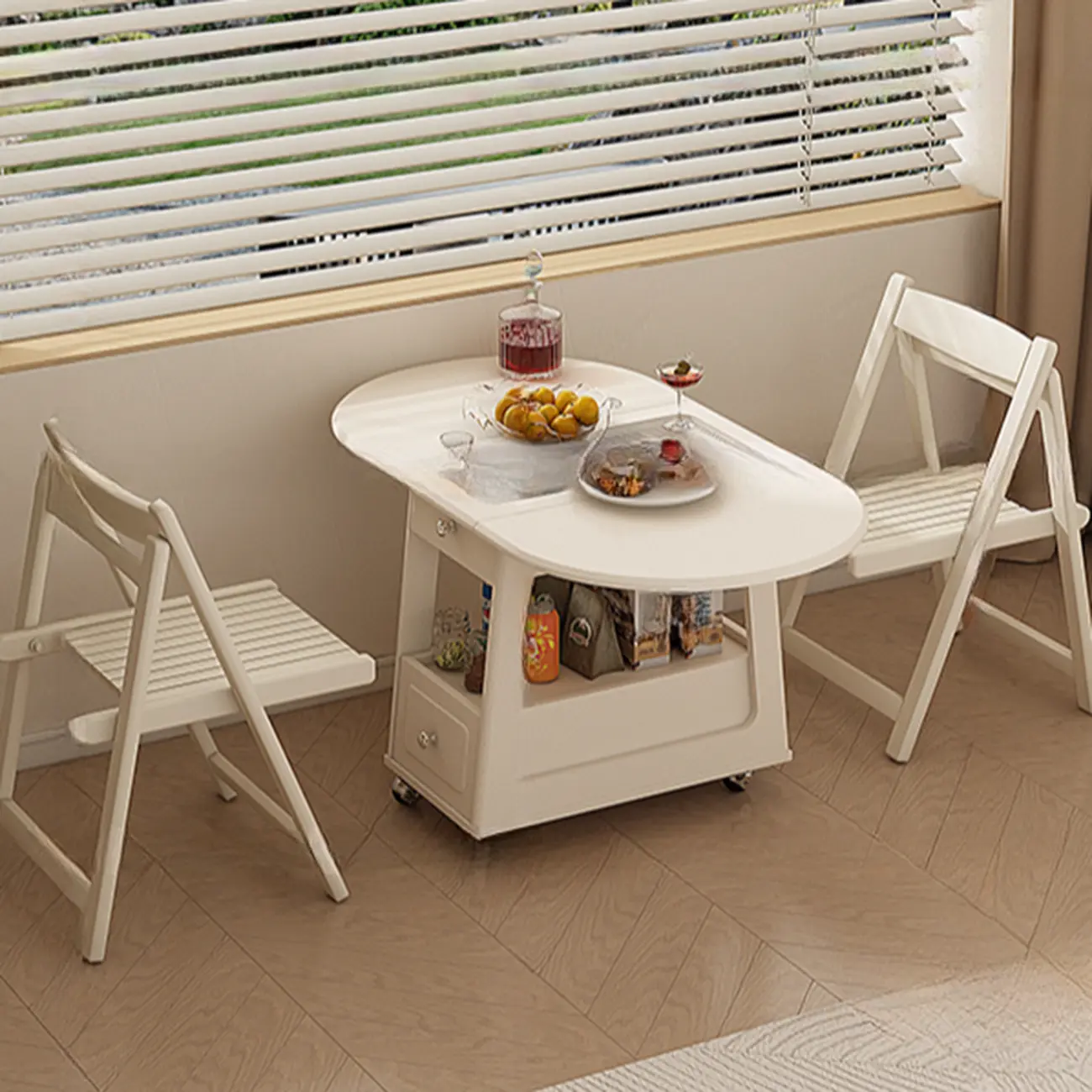 Foldable Wood White Modern Wheeled Small Side Table Image - 6 | homeyfad