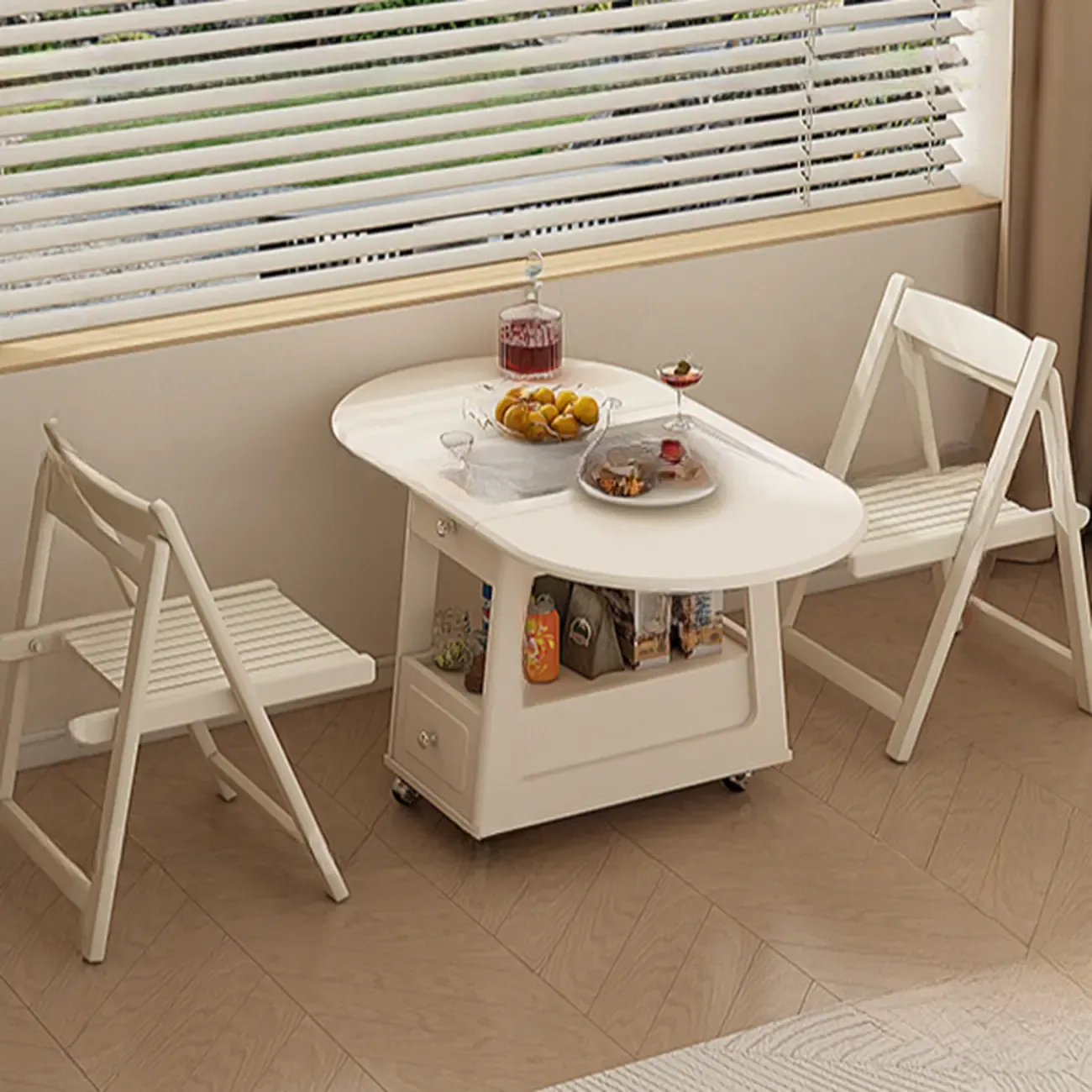 Foldable Wood White Modern Wheeled Small Side Table Image - 6