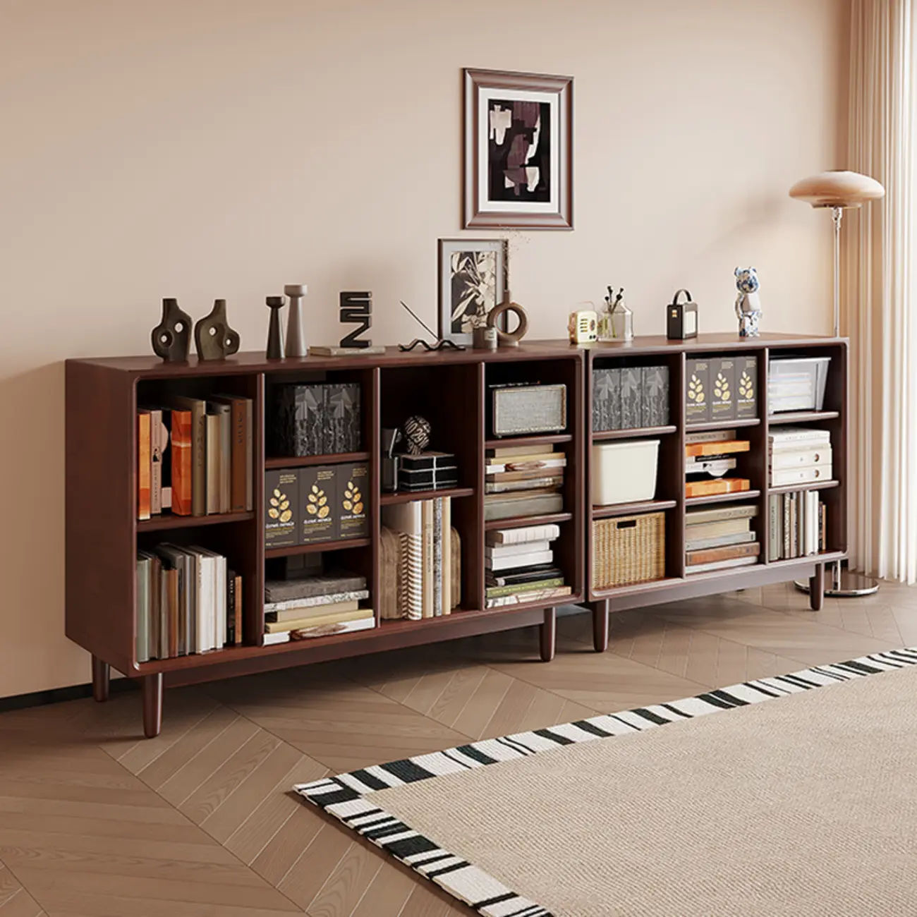 Mid Century Brown Closed Back Horizonal Wooden Bookcase Image - 1 | homeyfad