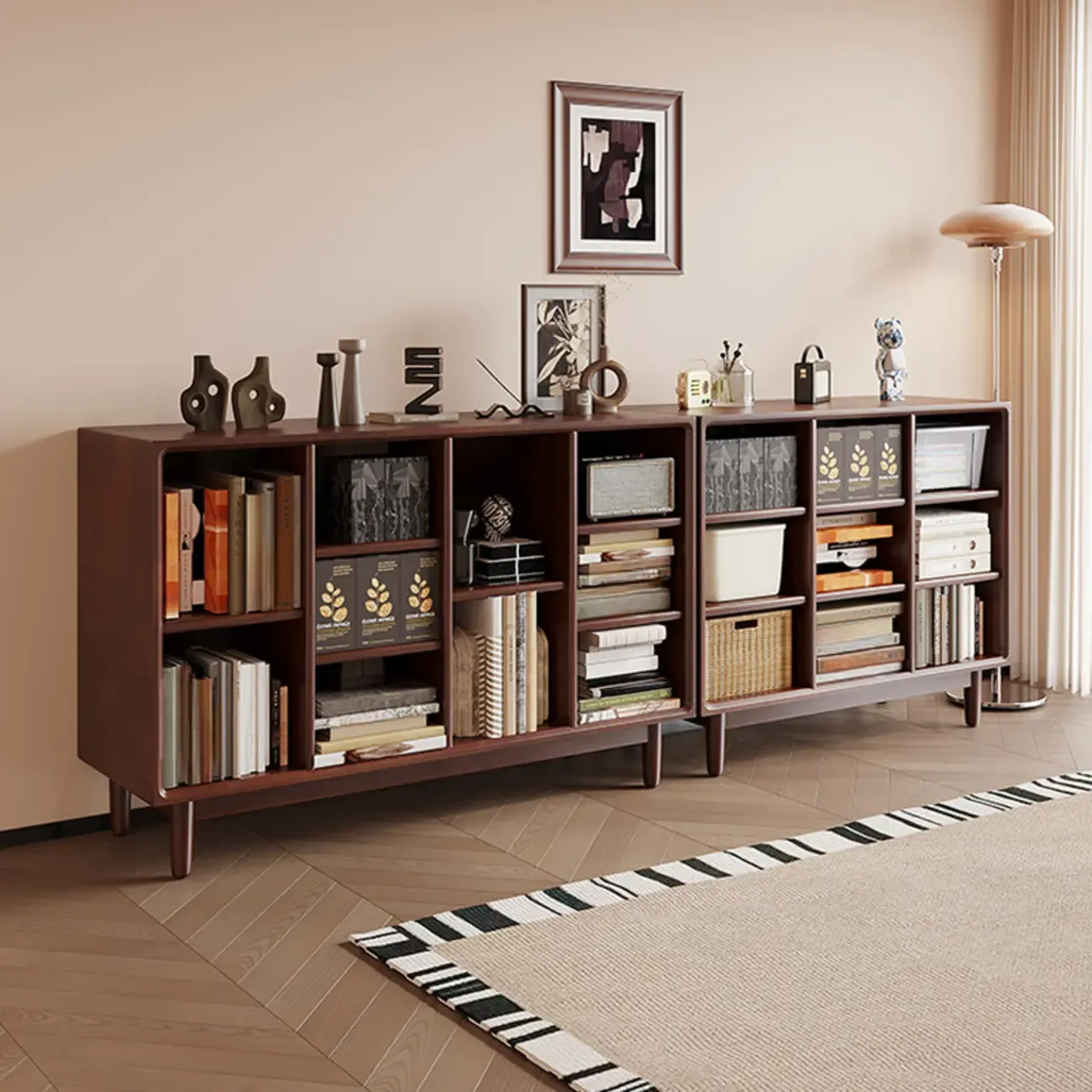 Mid Century Brown Closed Back Horizonal Wooden Bookcase Image - 1