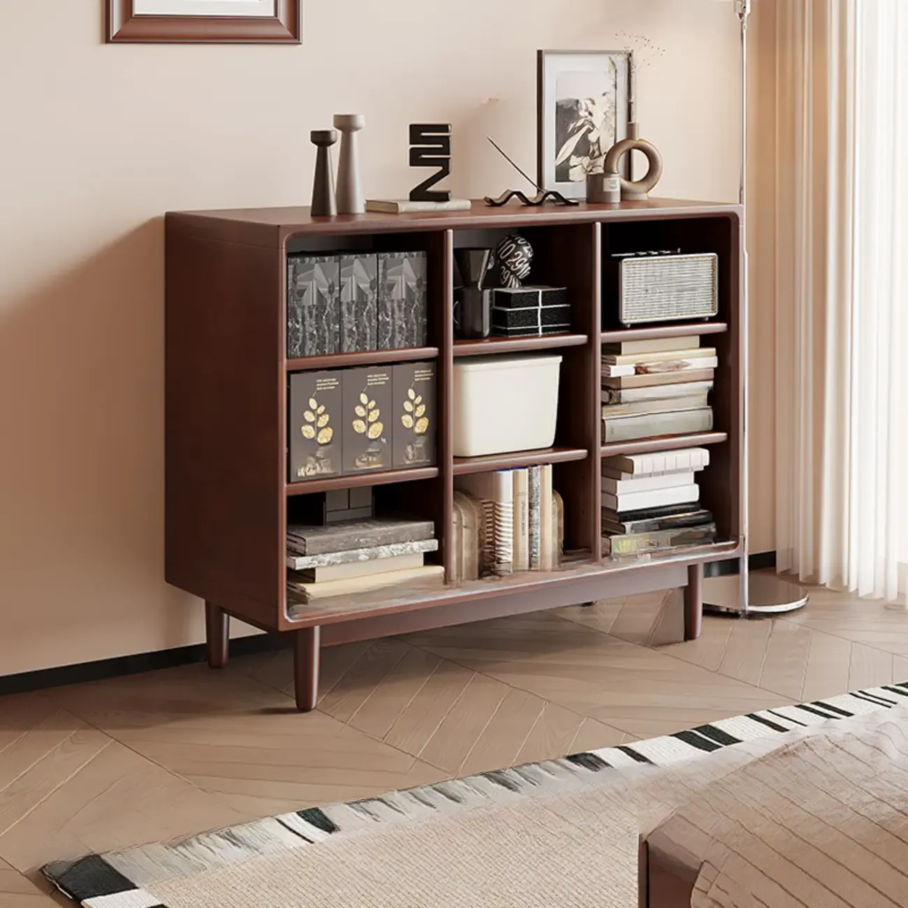 Mid Century Brown Closed Back Horizonal Wooden Bookcase Image - 2