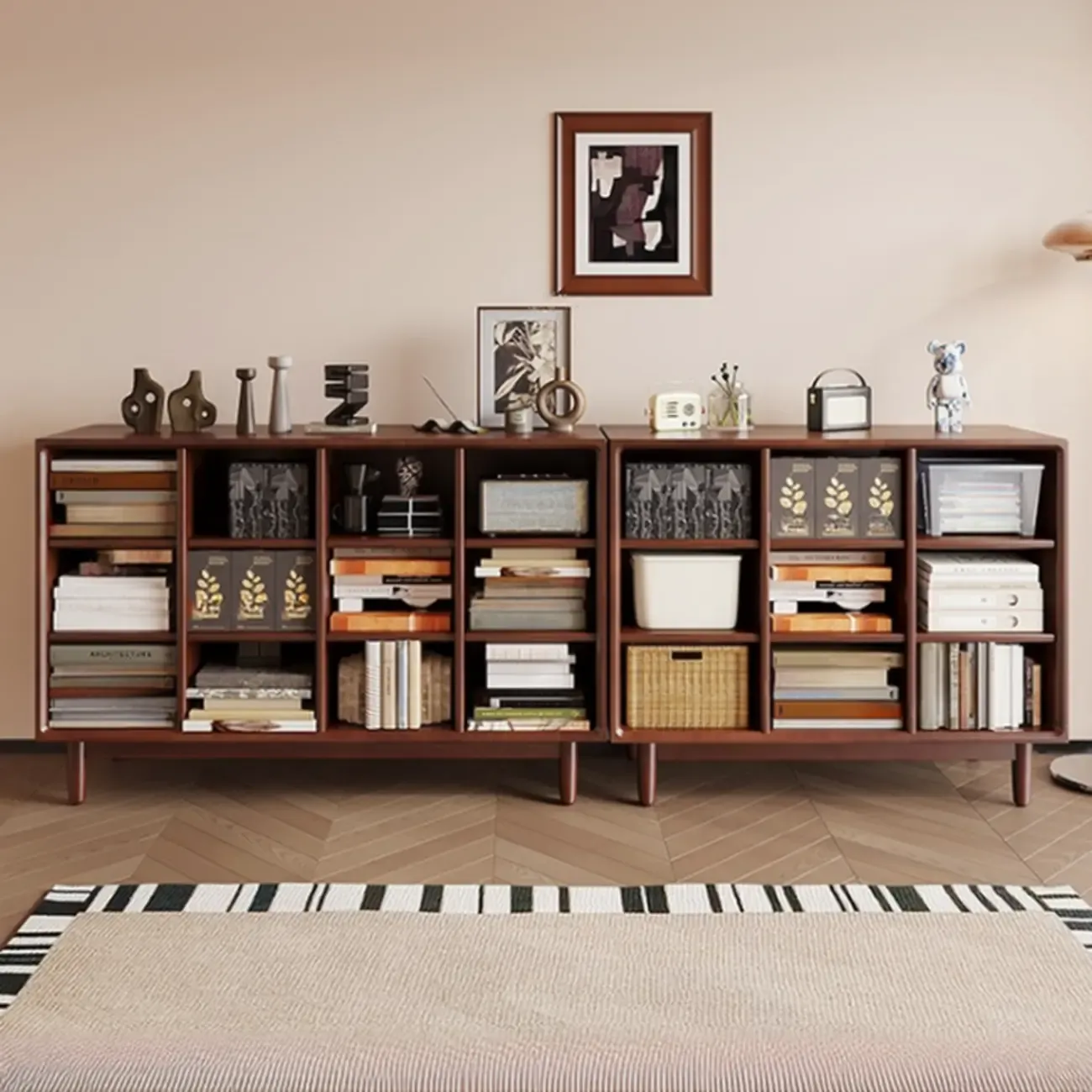 Mid Century Brown Closed Back Horizonal Wooden Bookcase Image - 3