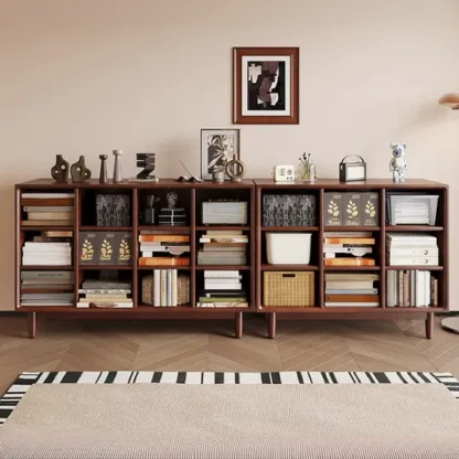 Mid Century Brown Closed Back Horizonal Wooden Bookcase Image - 3