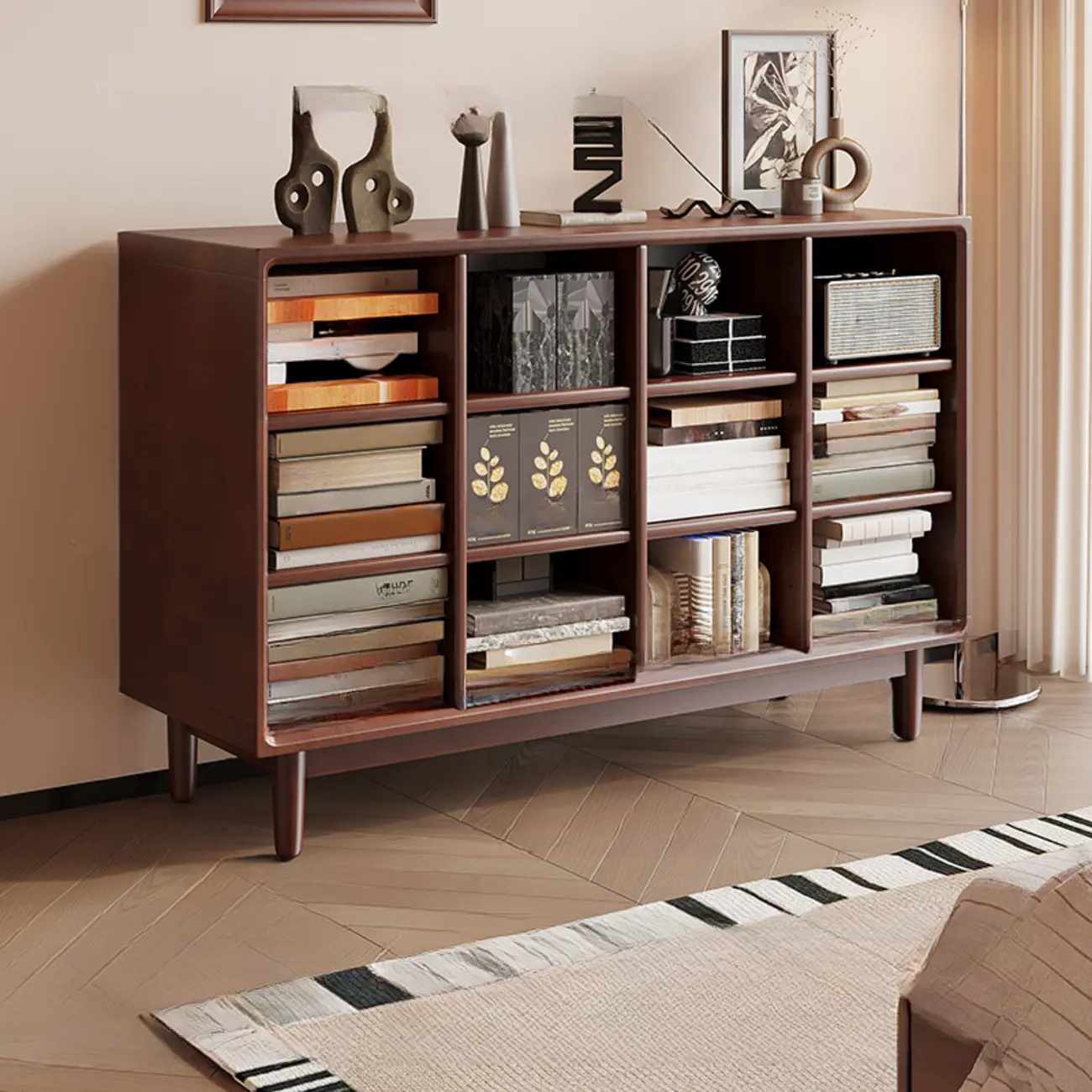 Mid Century Brown Closed Back Horizonal Wooden Bookcase Image - 4 | homeyfad