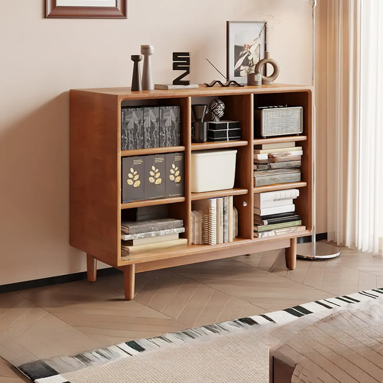 Mid Century Brown Closed Back Horizonal Wooden Bookcase Image - 11