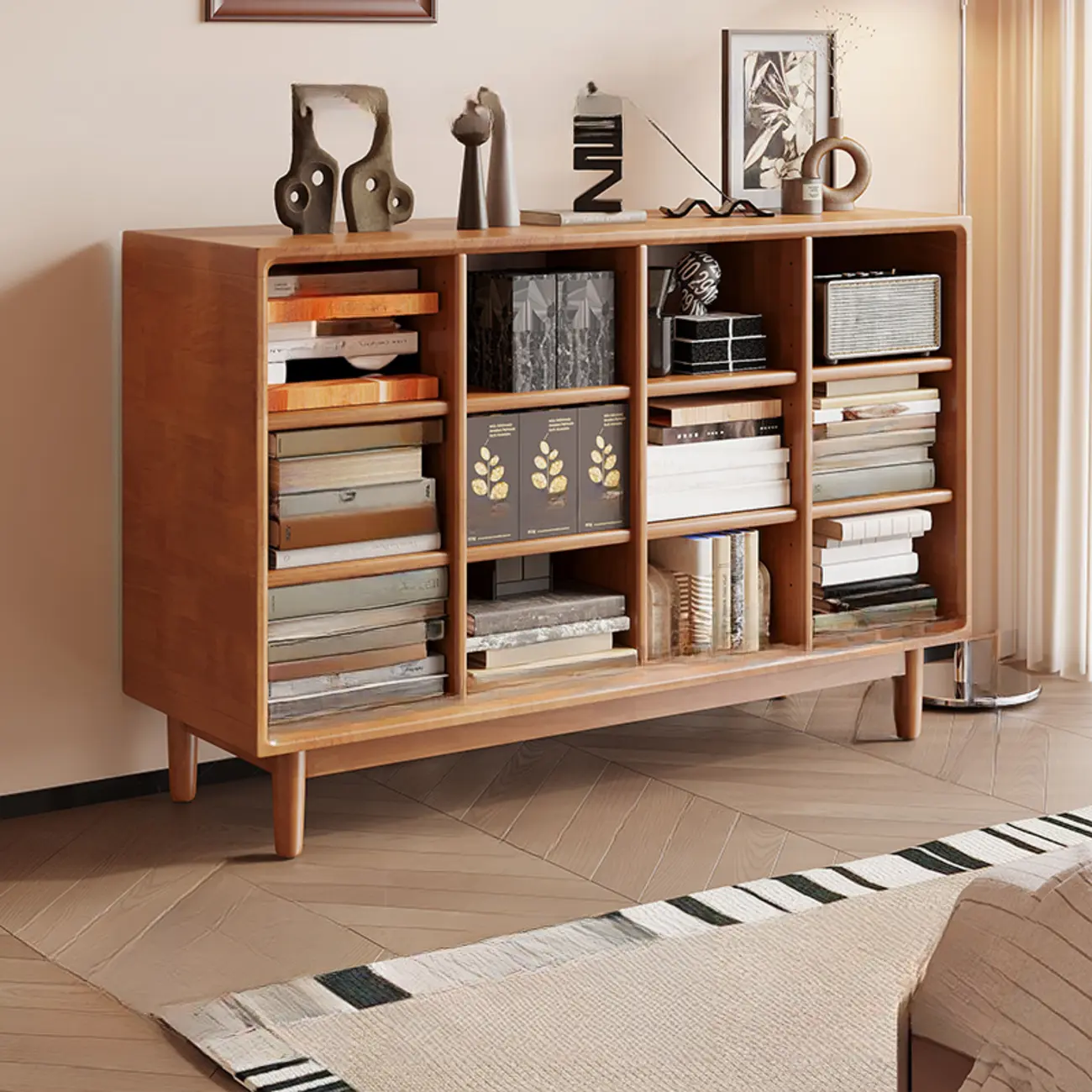 Mid Century Brown Closed Back Horizonal Wooden Bookcase Image - 13 | homeyfad