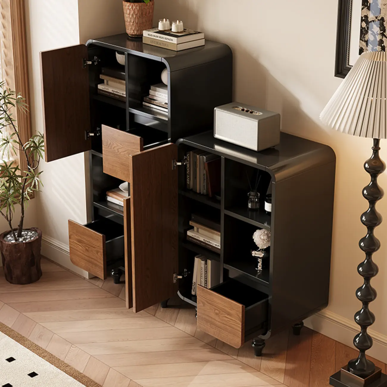 Minimalist Black Small Wooden Bookshelf with Drawer Image - 4 | homeyfad