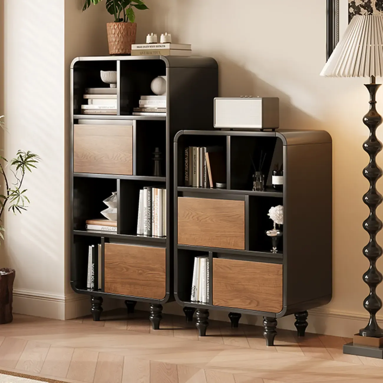 Minimalist Black Small Wooden Bookshelf with Drawer Image - 6