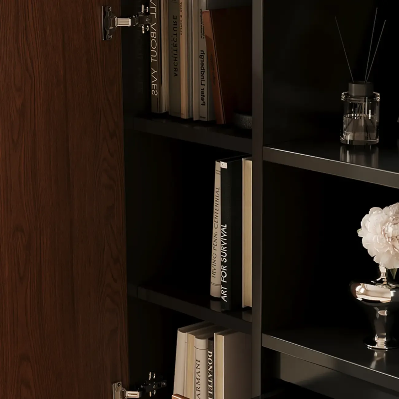 Minimalist Black Small Wooden Bookshelf with Drawer Image - 10