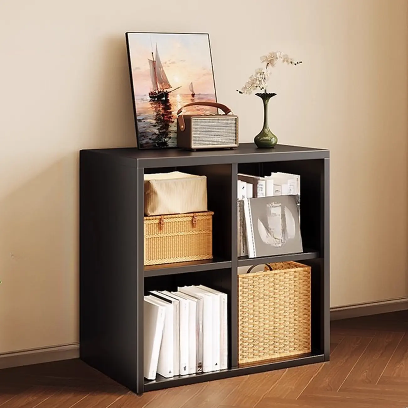 Modern Steel Cube Bookcase with Fabric Bins Image - 2 | homeyfad