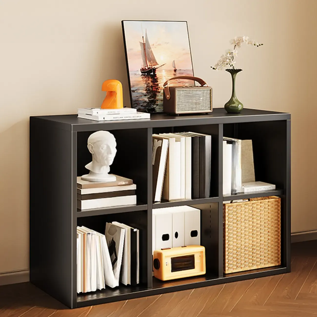 Modern Steel Cube Bookcase with Fabric Bins Image - 3