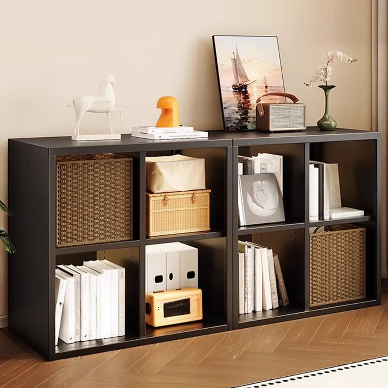 Modern Steel Cube Bookcase with Fabric Bins Image - 5 | homeyfad