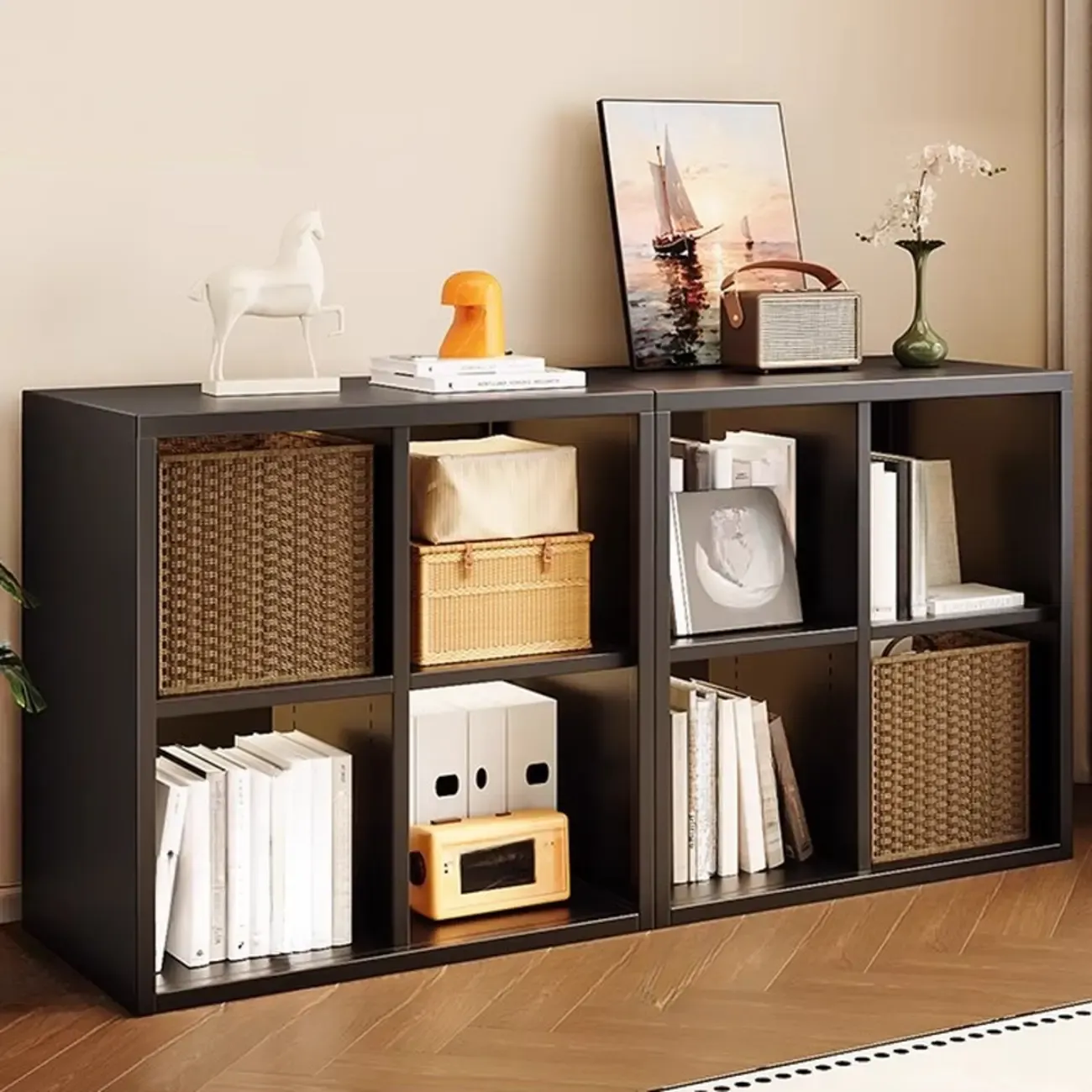 Modern Steel Cube Bookcase with Fabric Bins Image - 5