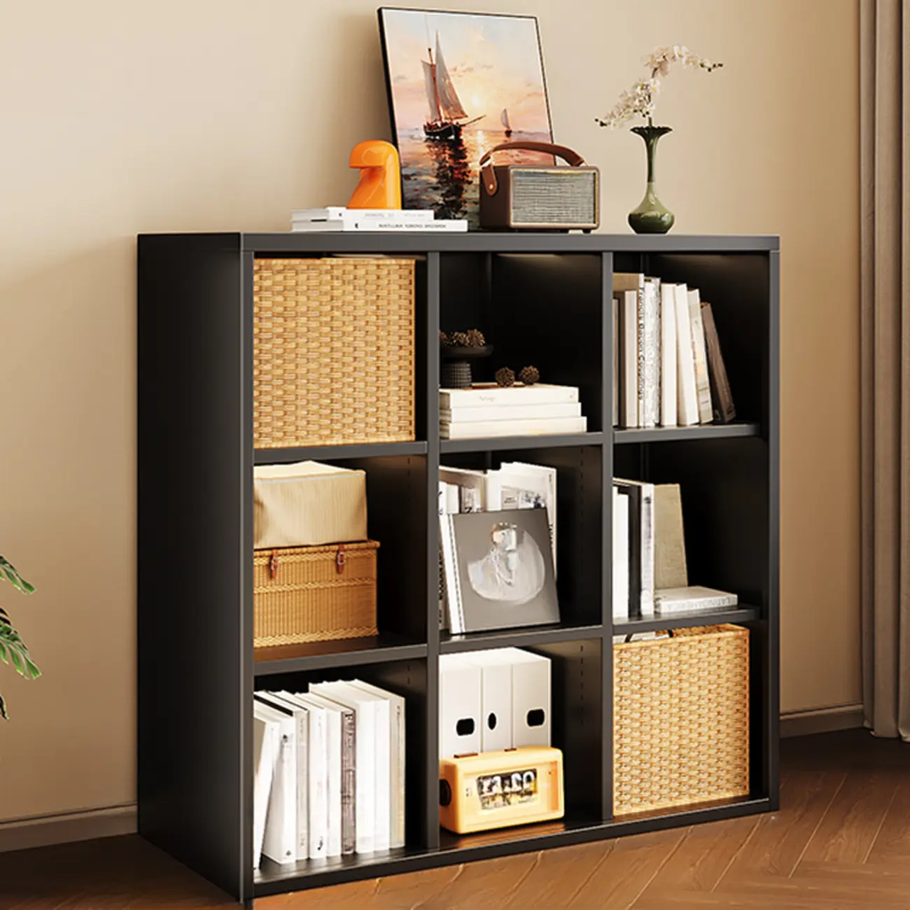Modern Steel Cube Bookcase with Fabric Bins Image - 7 | homeyfad