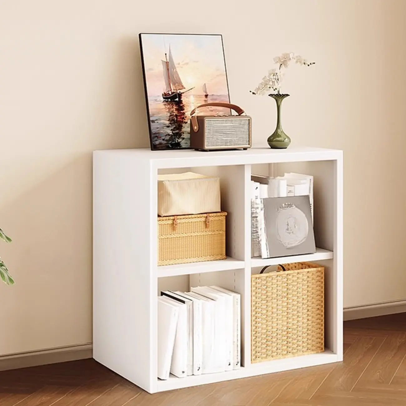 Modern Steel Cube Bookcase with Fabric Bins Image - 11 | homeyfad