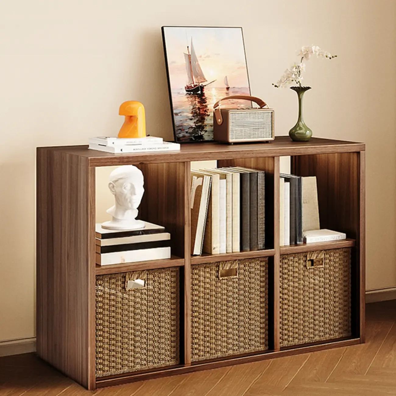 Modern Steel Cube Bookcase with Fabric Bins Image - 14