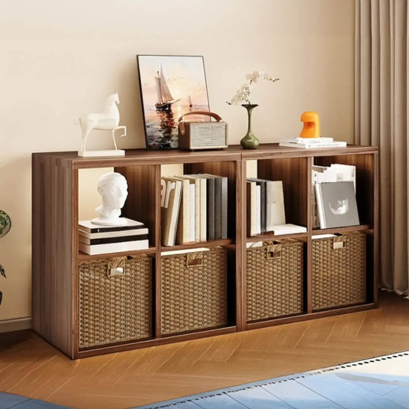 Modern Steel Cube Bookcase with Fabric Bins Image - 15