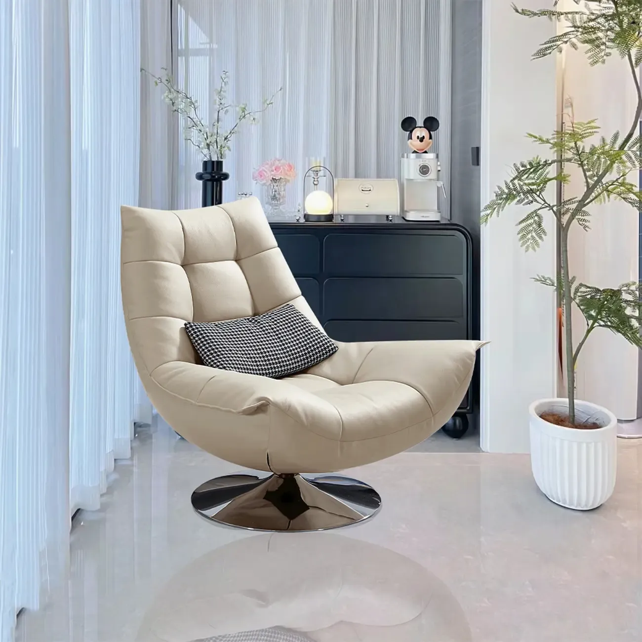 Black Swivel Tufted Leather Accent Chair Pillow Included Image - 10